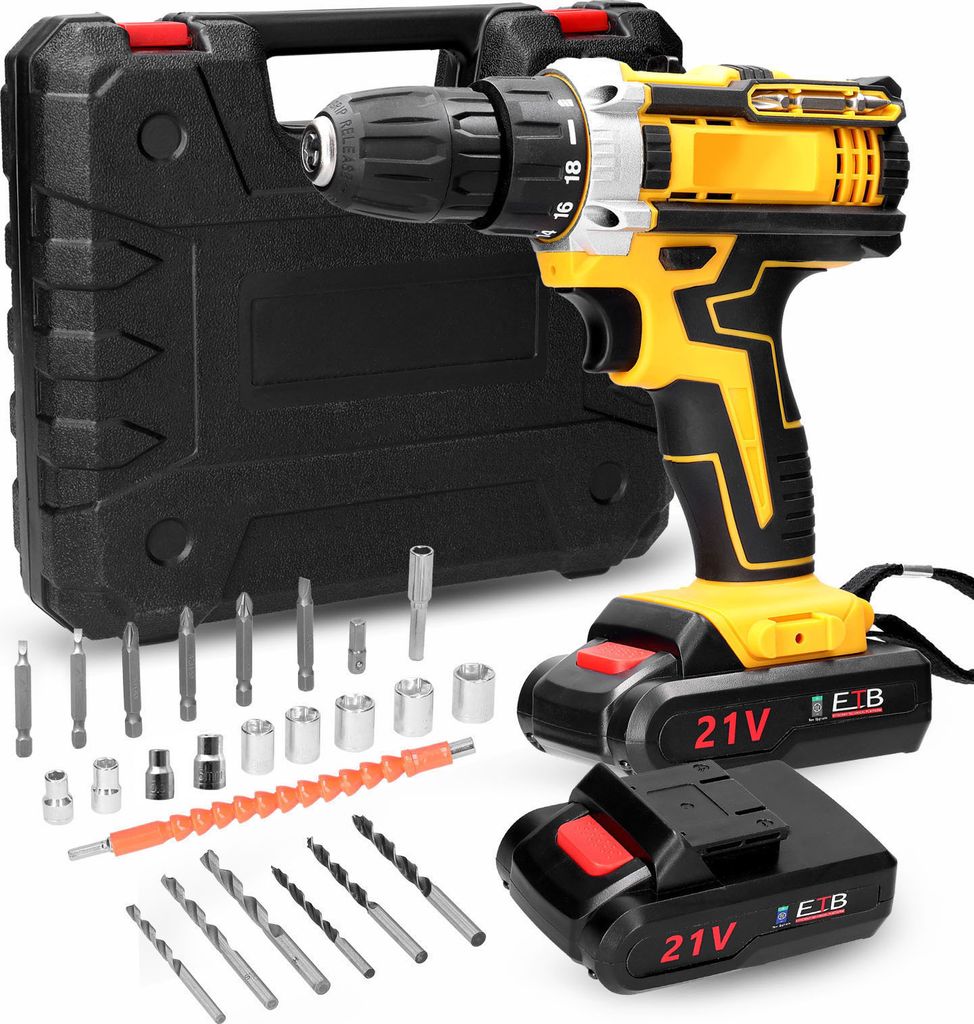 A cordless drill set with accessories and two batteries, laid out on a white background.