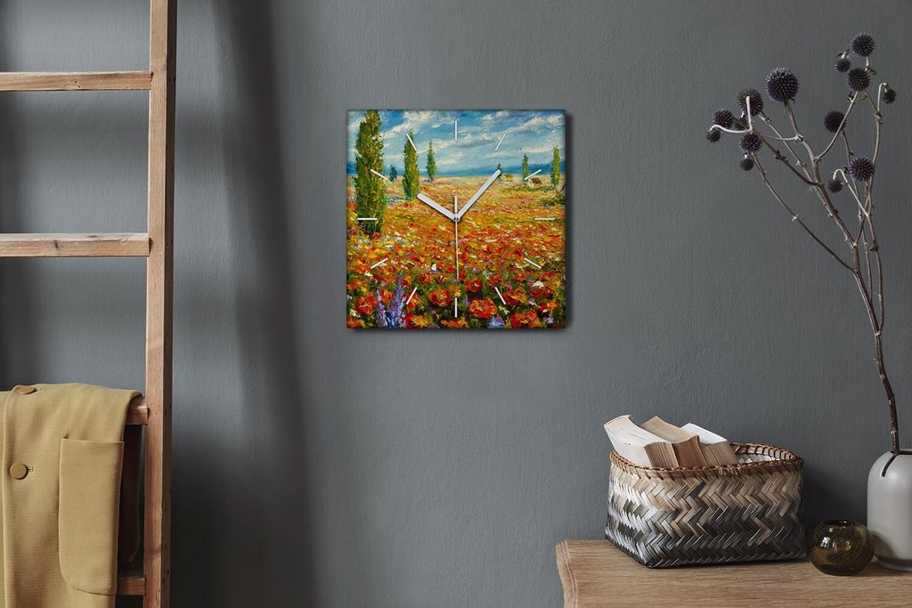 Coloray Hodiny Unikátní 30x30 cm Tiché hodiny Pro obývací pokoj a kuchyň Nástěnné hodiny Plátno Bílé ručičky hodin - Pole plné květin