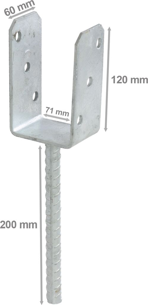 A silver metal U-shaped post anchor with a threaded rod base, shown with dimensions indicated by text overlays.