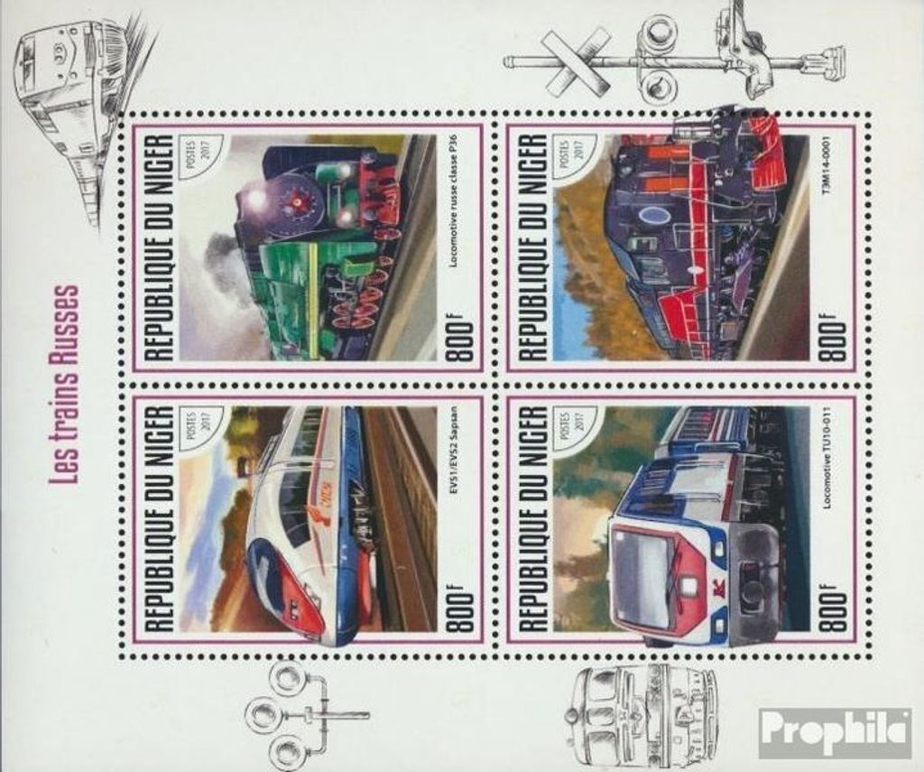 Briefmarken Niger 2017 Mi 5177-5180 Kleinbogen (kompl. Ausg.) postfrisch Russische Züge