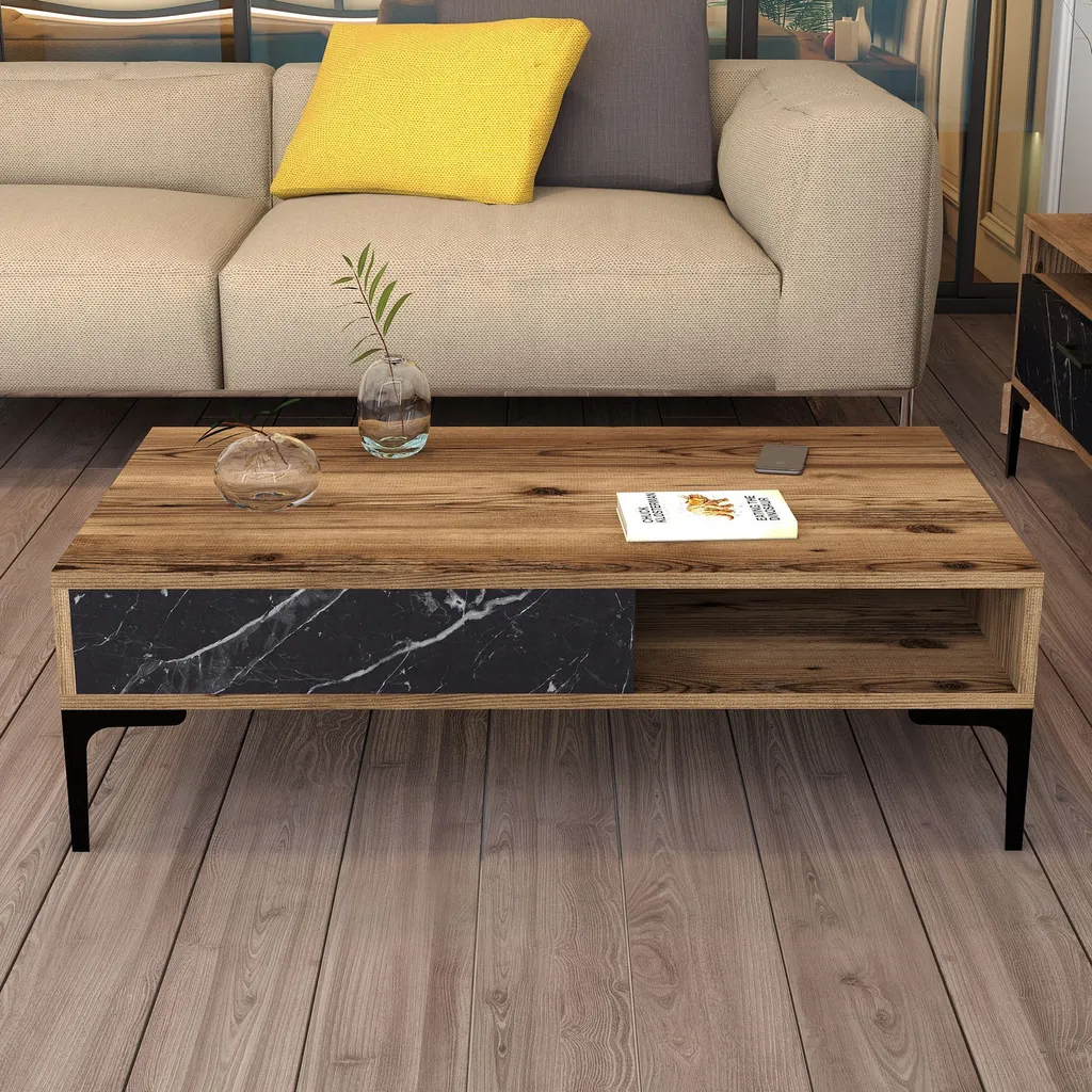 Table Basse de Salon Rectangulaire Noyer et Marbre Noir Istanbul 105cm
