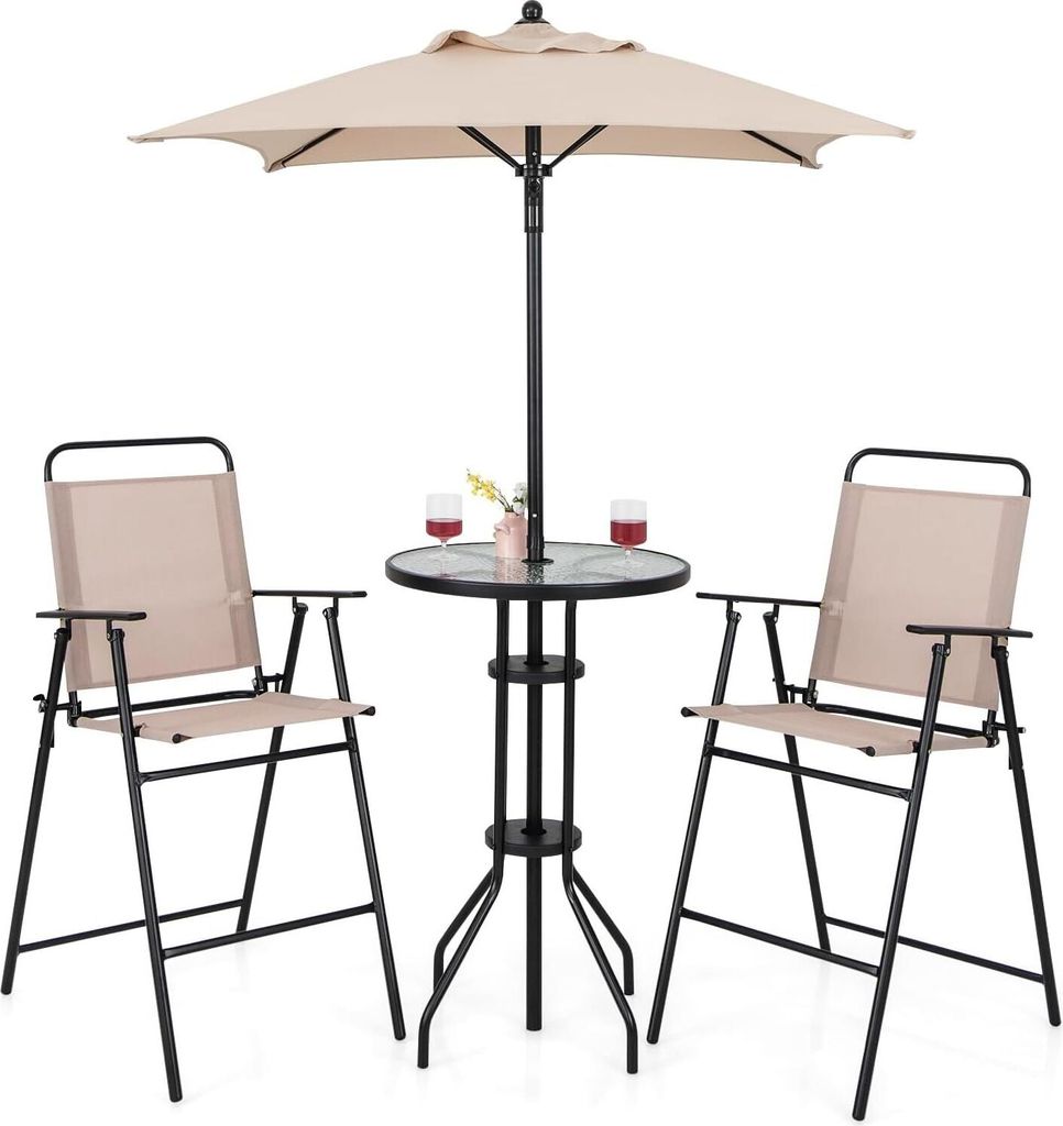A beige and black outdoor bistro set with a table and two chairs, under a beige umbrella.