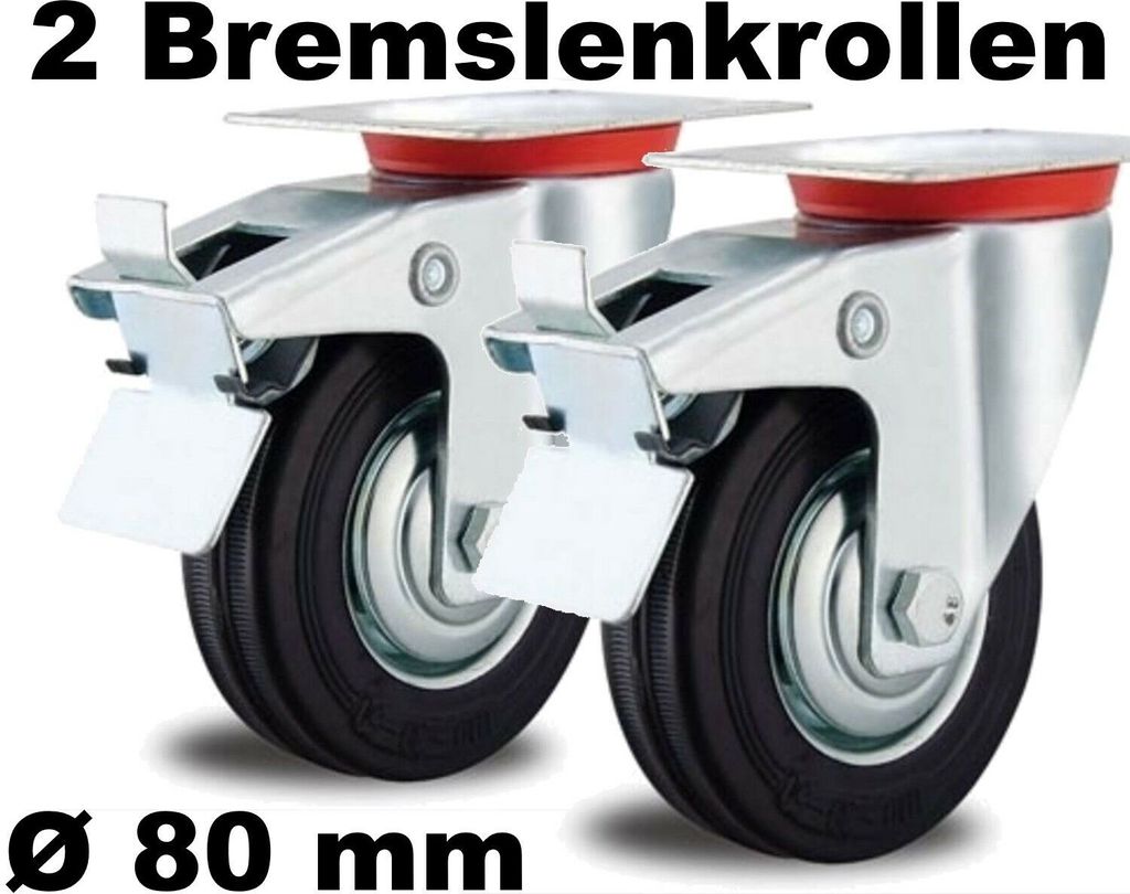 2 Lenkrollen mit Feststeller-Bremse 80mm lenkbar drehbar Stahlfelge Fadenschutz