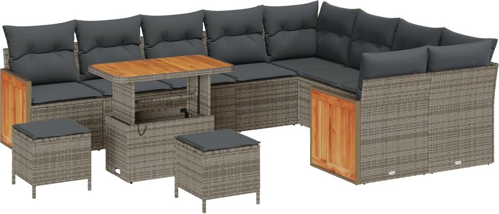 Möbel 12-teiliges Garten Sofa Set mit Kissen Grau Poly Rattan Akazie, 3-teiliges Garten Dining Set mit Kissen Grau Poly Rattan Akazie - Gartensofa...