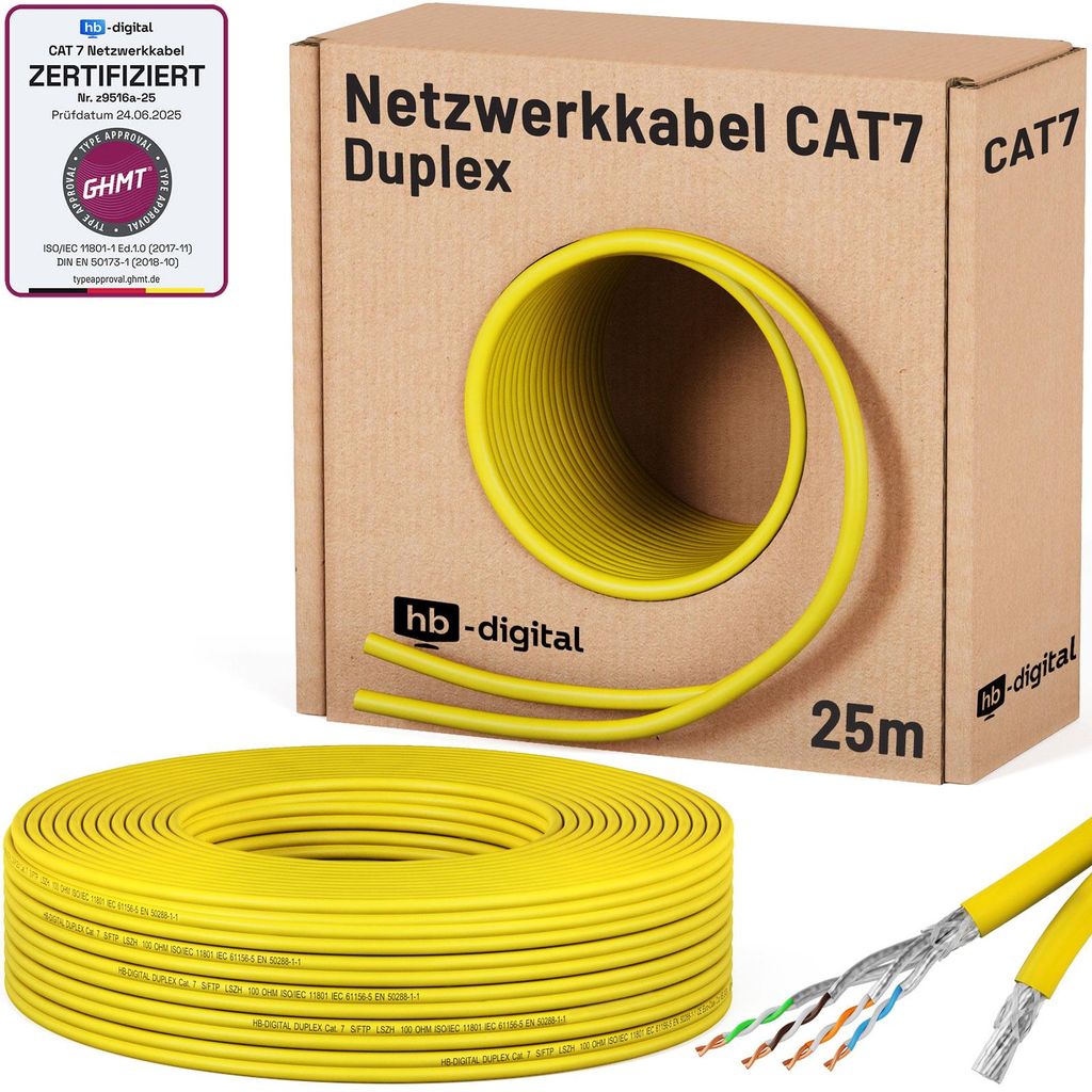 hb-digital CAT 7 Verlegekabel 25m Ethernetkabel Duplex Installationskabel S/FTP AWG23 LSZH gelb