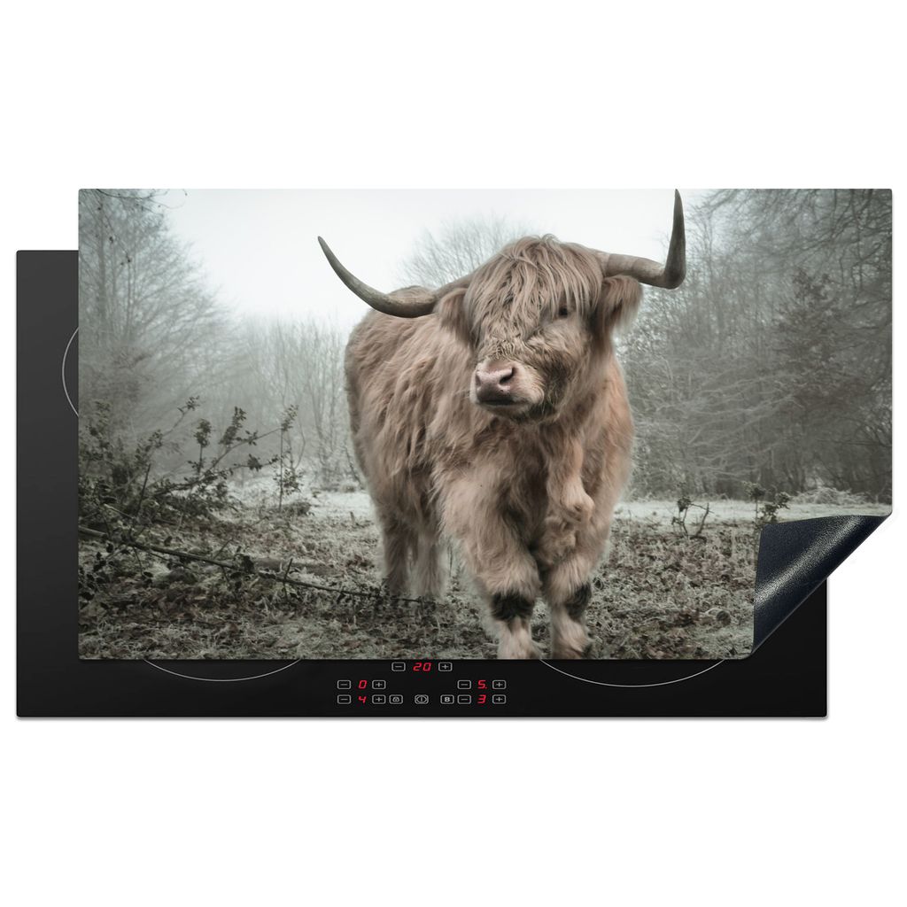 KitchenYeah Herdabdeckplatte Schottische Highlander - Natur - Herbst - Tiere - Wildtiere - Wald , 91x52cm, Küche Deko, Glaskeramikkochfeld Herda...
