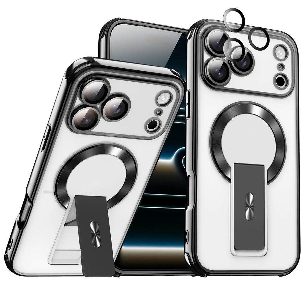 Magnetisch Hülle für iPhone 12 Pro Max, Kompatibel mit MagSafe, Transparent Elektroplattiert TPU Handyhülle mit Kameraschutz, Ständer Schwarz