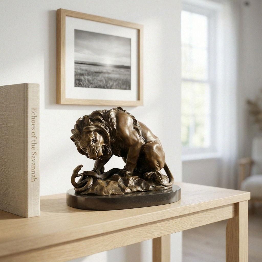 Premium Bronzefigur Löwe gegen Schlange, patiniert, auf Marmorsockel, H.21 cm
