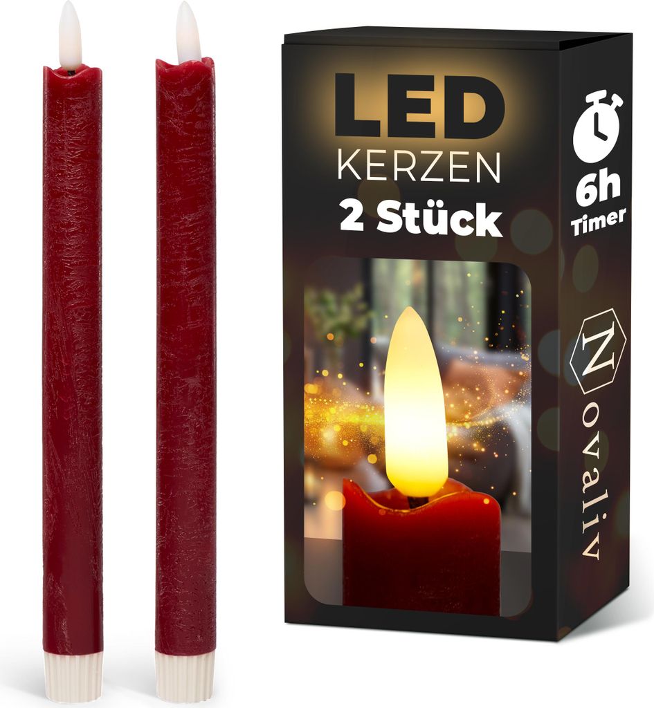 Stabkerzen LED mit Timer Rot 2er indoor mit 6 Stunden Timer - ECHTWACHS 24cm Höhe für Kerzen 2,2cm Durchmesser 2 AAA Batterien notwendig LED Stab...