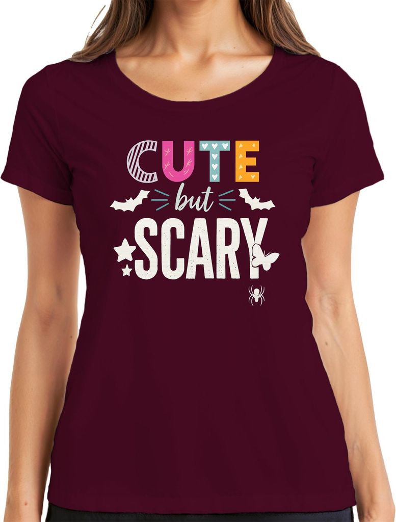 Cute but Scary Halloween Süß gruselig Mädchen Fledermaus Spinne Damen T-Shirt, Burgundy, L