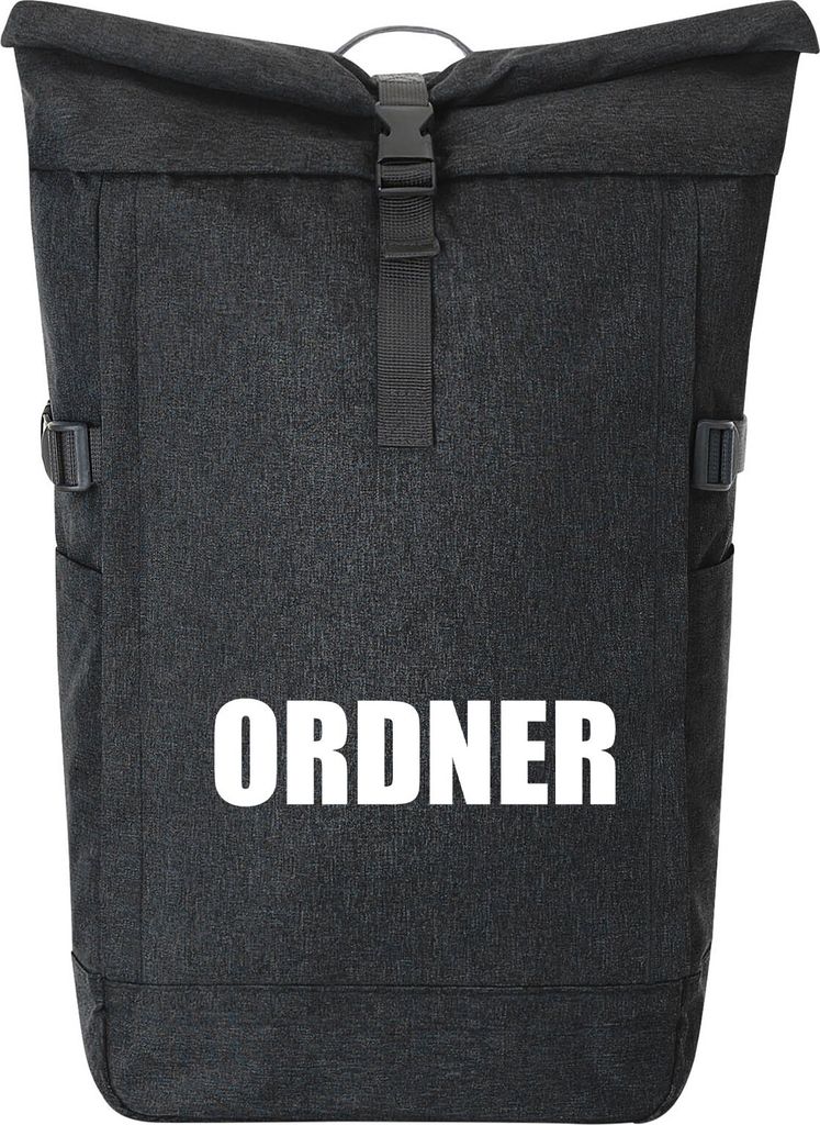 Huuraa Kurierrucksack Ordner Schriftzug 30-44 Liter Black Melange Fairtrade Rolltop Rucksack Geschenkidee