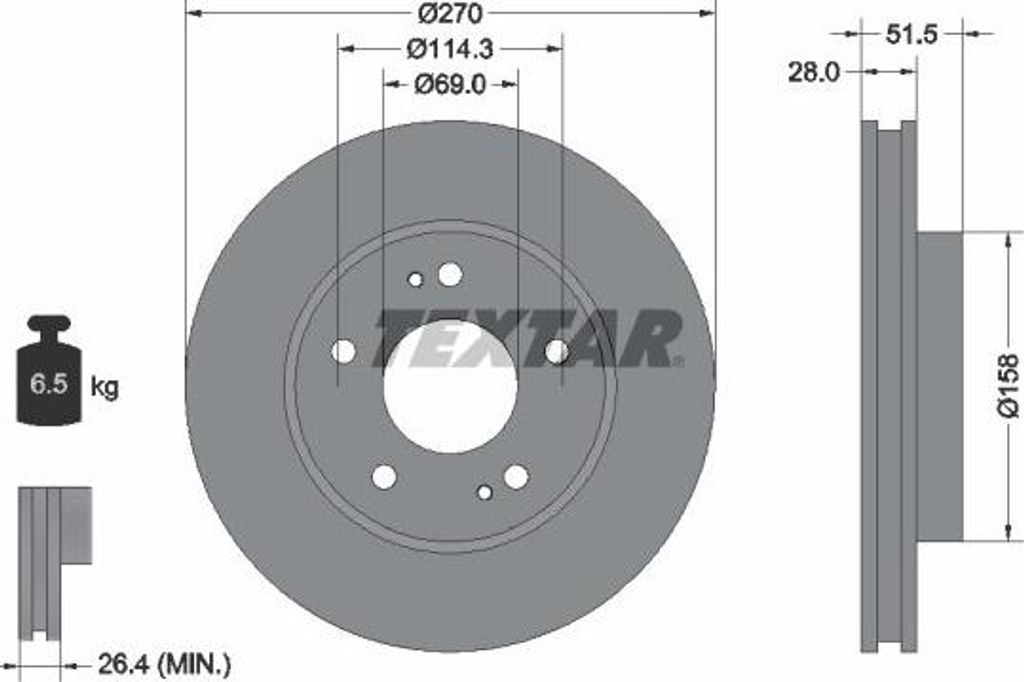2x TEXTAR Bremsscheibe 92270803 51 5mm 6 5kg 270mm
