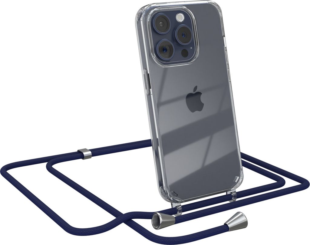 EAZY CASE Handykette kompatibel mit Apple iPhone 15 Pro, Handyhülle mit Umhängeband, Handykordel, Schutzhülle Clear, Band in Blau