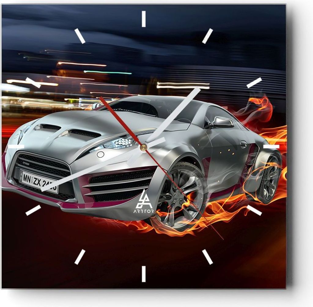 Wanduhr - Quadrat - Glasuhr - Sportwagen Feuer Rauch - 30x30cm - Schleichendes Uhrwerk - Lautlos - zum Aufhängen bereit - Dekoration Modern - Wand...