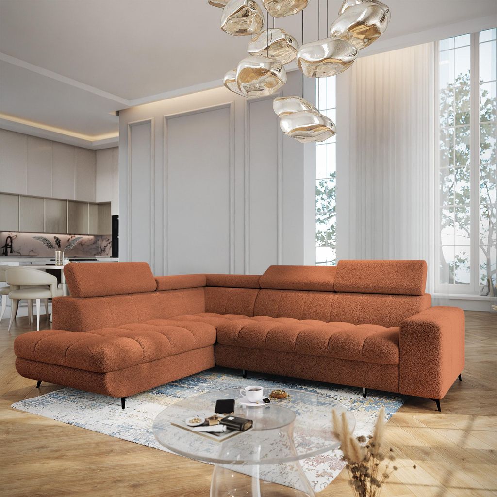 Masseno Ecksofa MORIVA Q L-S mit Schlaffunktion L-Form, Sofa mit Bettkasten, Wohnzimmersofa, Couch, Soffa, Bettsofa, Couchgarnitur- Orange, QUELLE 54