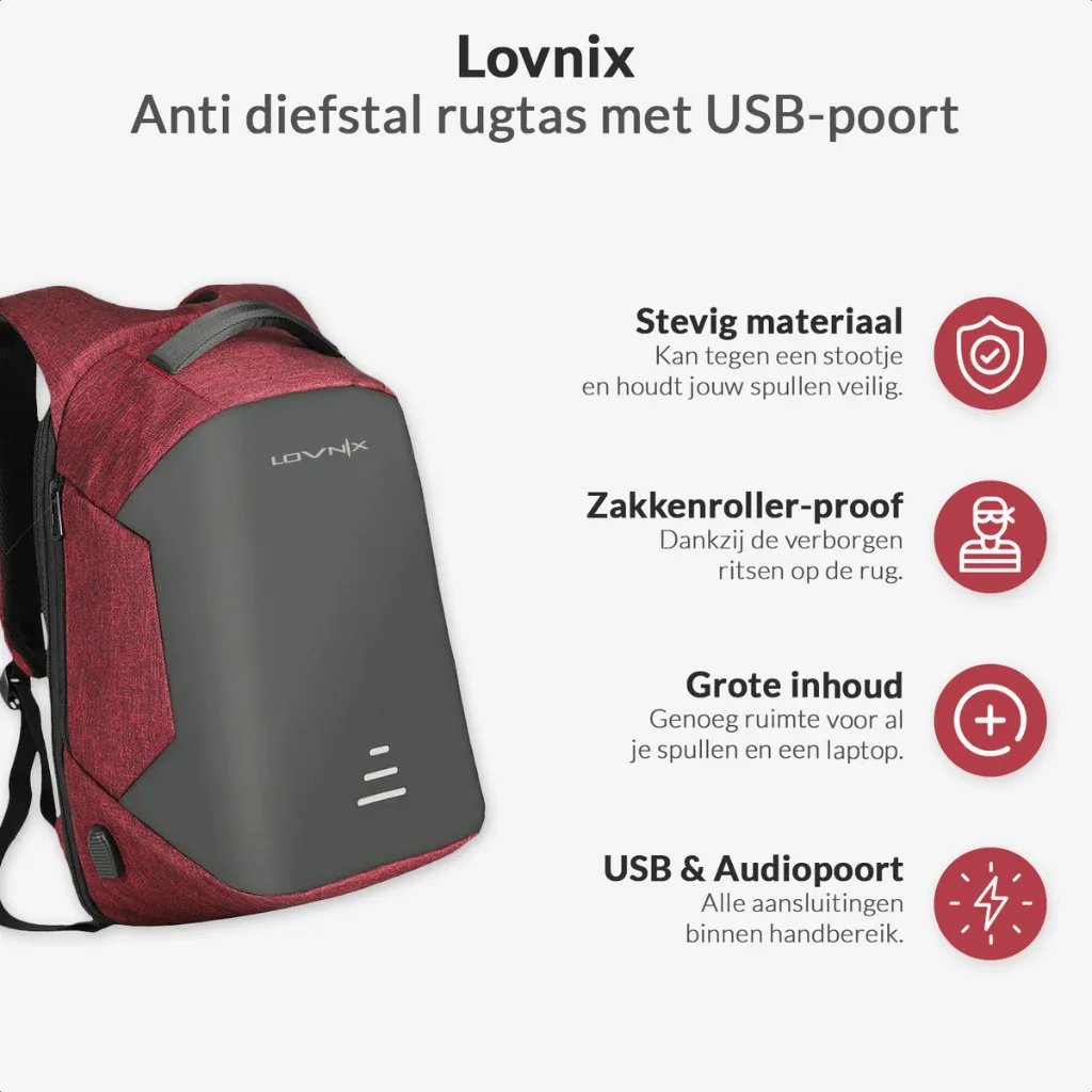Sac à dos ordinateur 15 pouces rouge Lovnix - Protection antivol USB