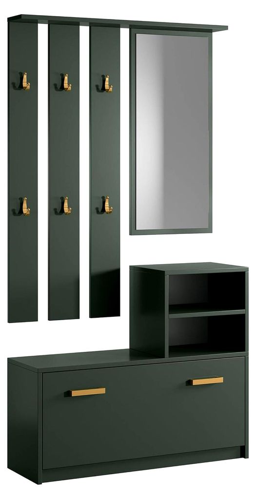 Garderobenset Flur Wandgarderobe Garderobenpaneel Schuhregal Spiegel Regal Flaschengrün mit goldenen Griffen
