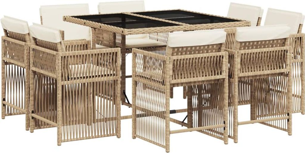 vidaXL 9-tlg. Garten-Essgruppe mit Kissen Beige Poly Rattan