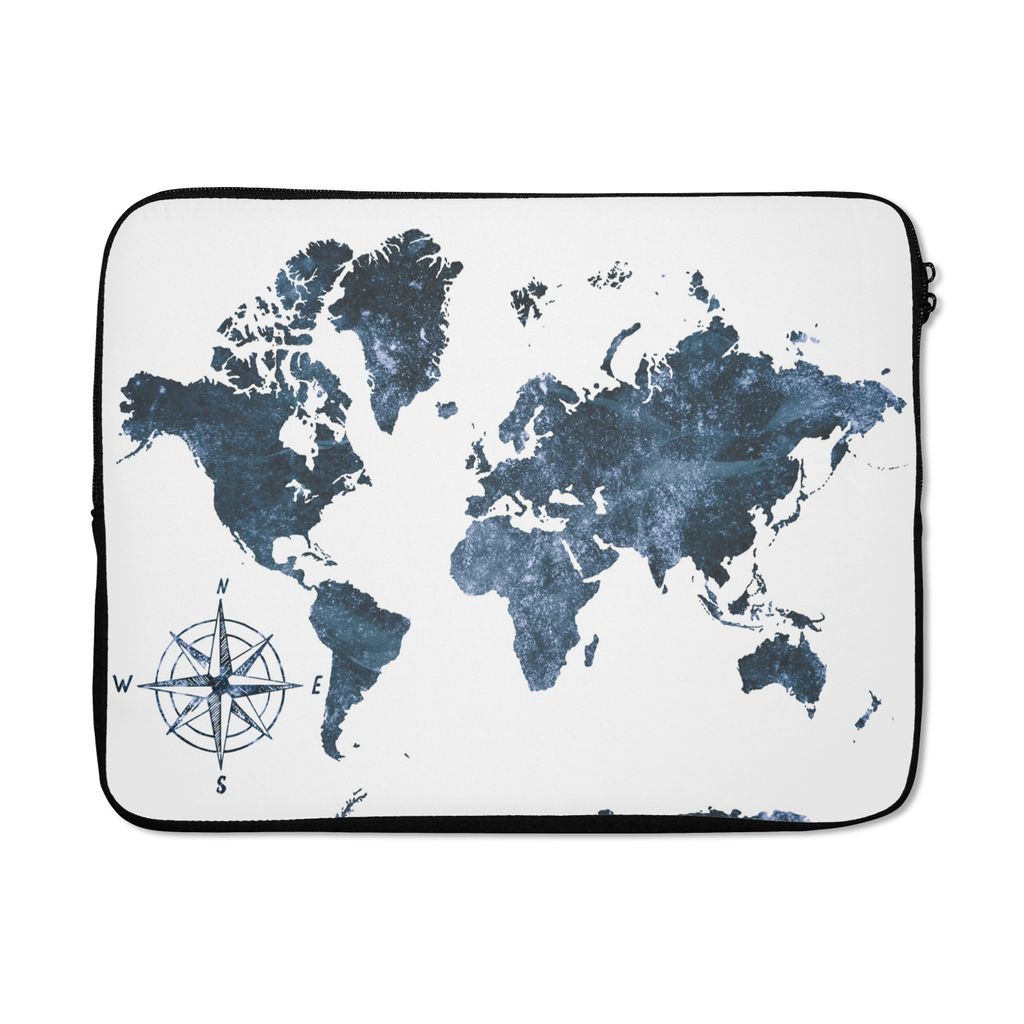 MuchoWow Laptop Hülle 17 Zoll Laptoptasche Weltkarte - Blau - Weiß - Zipper - Schutzabdeckung