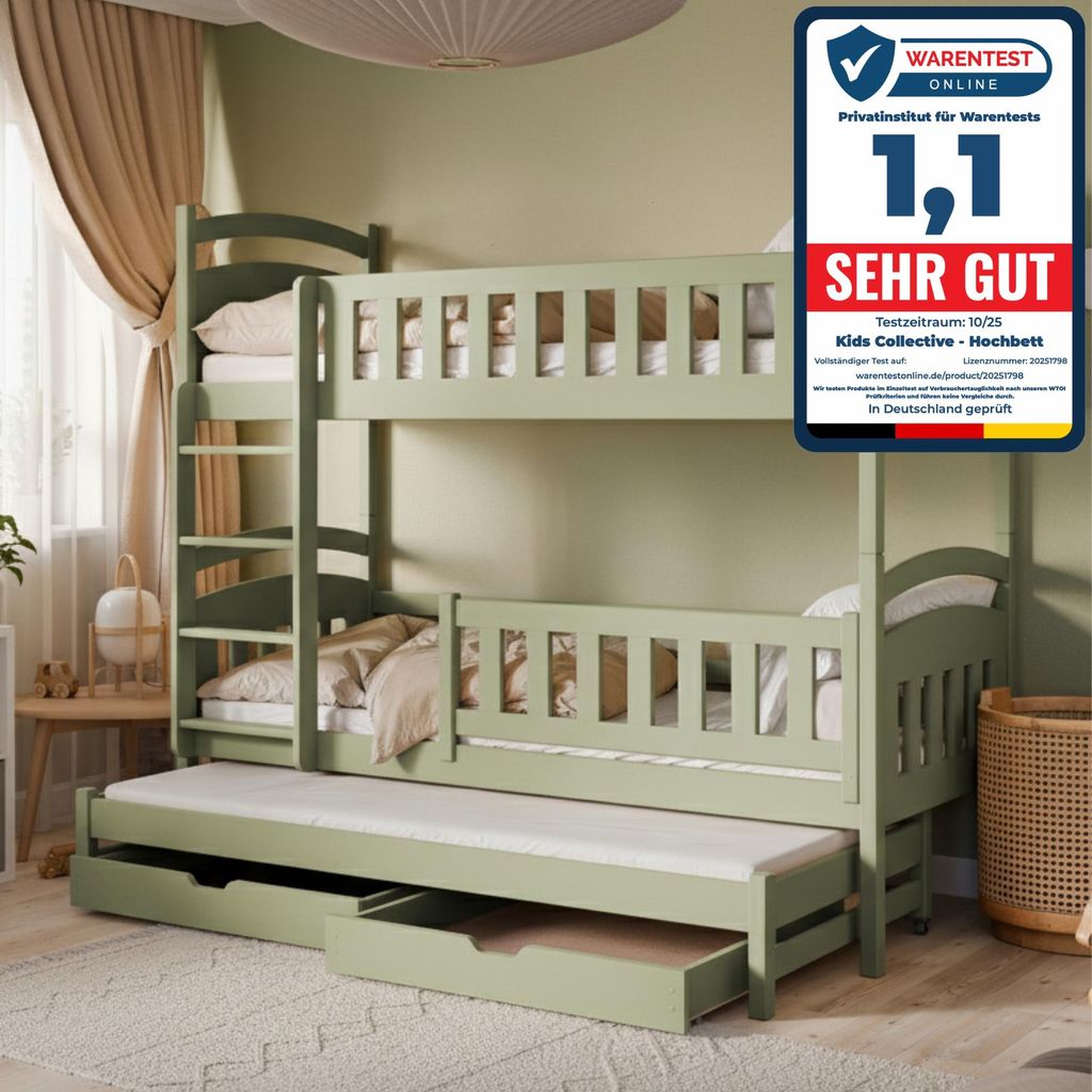 Hochbett 90x200 Etagenbett Kinderbett Jugendbett Stockbett 3 Kinder, zwei Schubladen & Rausfallschutz Kinder Bett umbaubar in 3 Einzelbetten | von ...