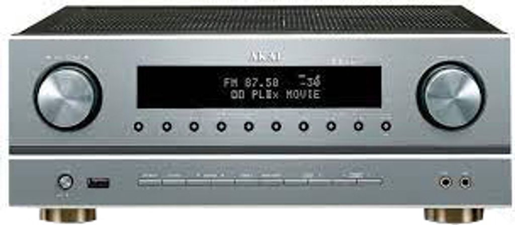 A silver AV receiver with a black display screen and control knobs.