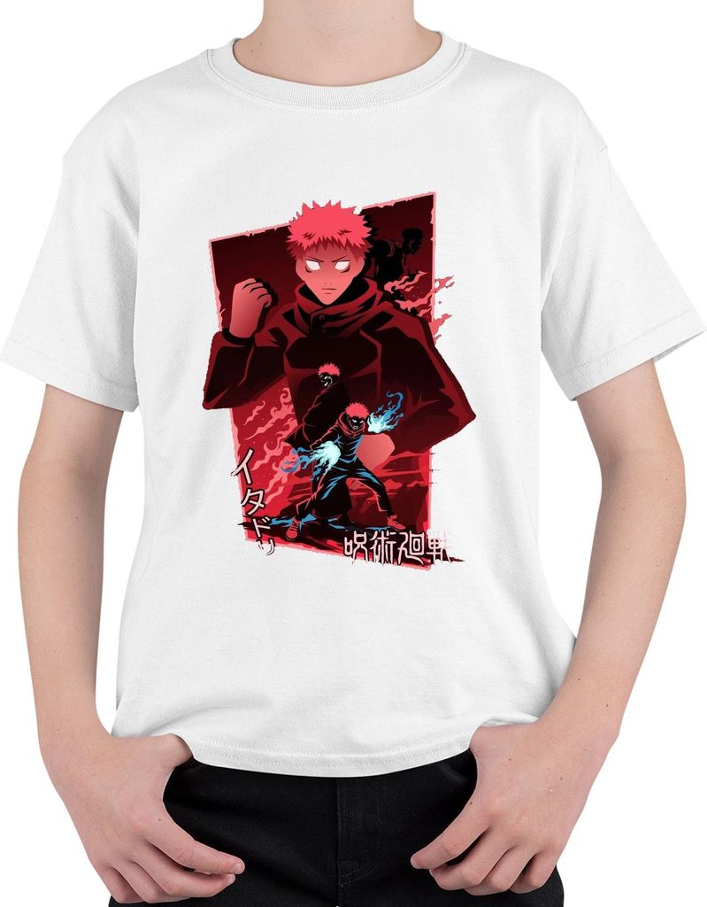 Itadori Yuji Jujutsu Kaisen Fan Anime rot düster Flammen Geschenk Uni Kinder T-Shirt, Weiß, 140