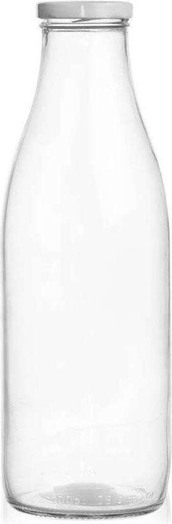 A clear glass bottle with a white cap.