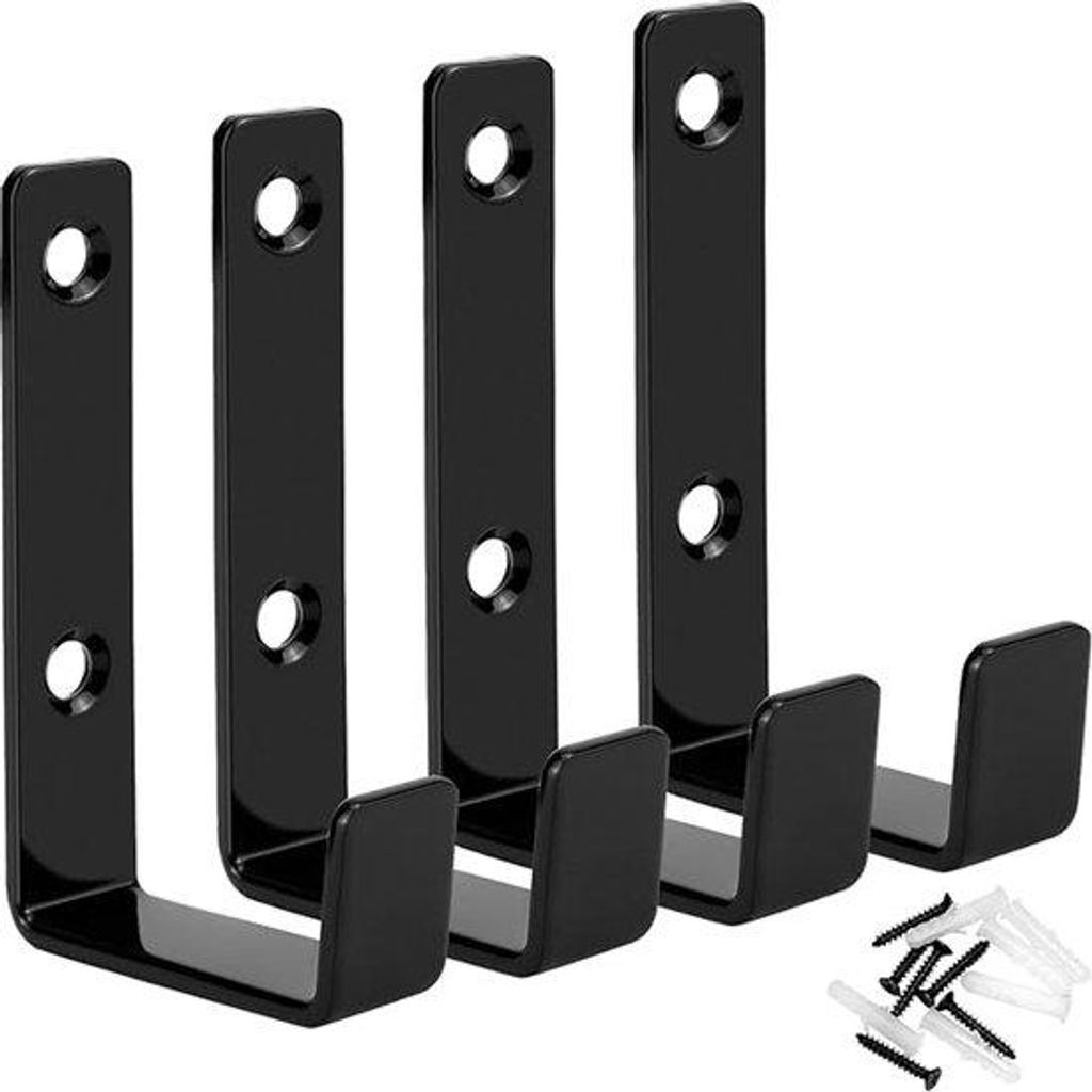Vier schwarze stählerne J-förmige Wandhalter für das Aufhängen von Kabeln, Drähten und Sportausrüstung.