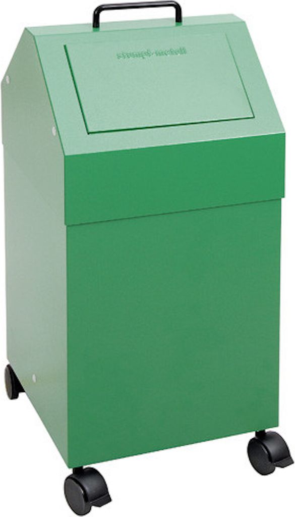 Fahrbarer Abfallsammler mit selbstschließender Einwurfklappe | 45 Liter, HxBxT 71,5x33x31cm | Feuer- & Geruchshemmend | Verkehrsgrün