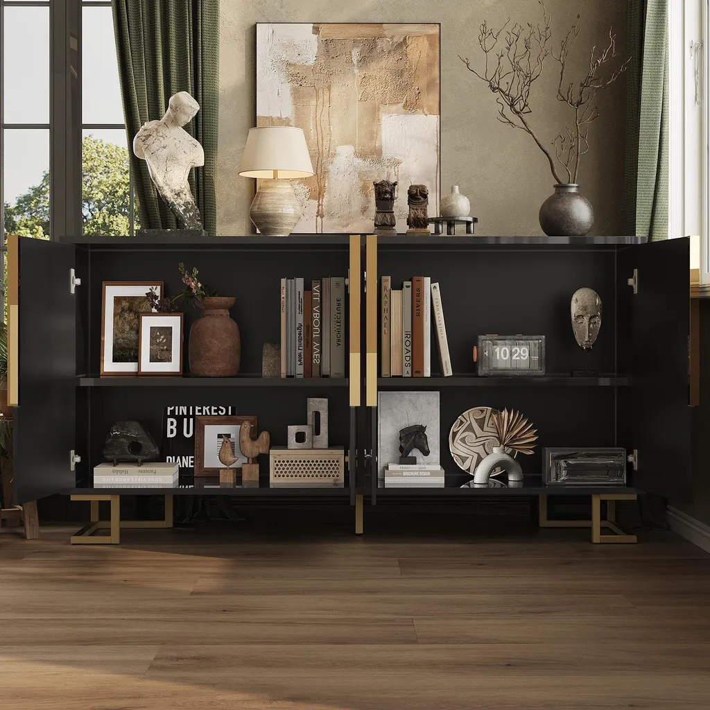 Commode Buffet Noir 152cm avec Design Géométrique et Finitions Dorées - 3
