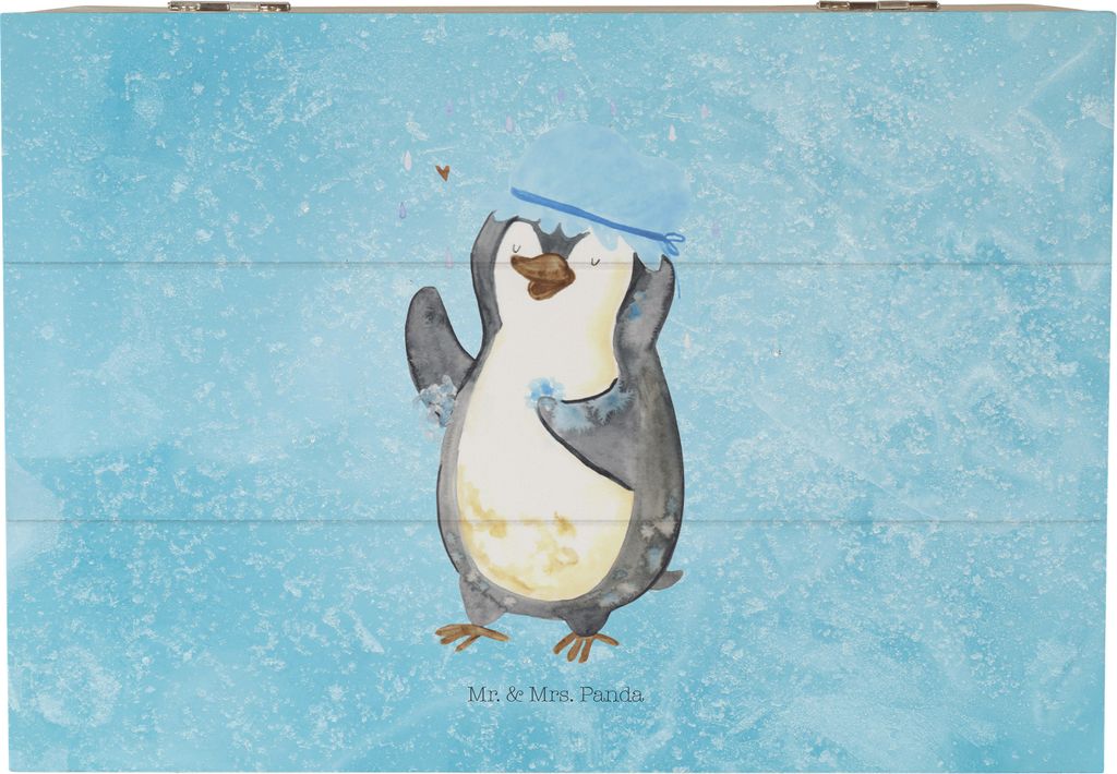Mr. & Mrs. Panda Schatulle Pinguin Duschen 22 x 15 cm - Eisblau - Geschenk, geschenkkiste, Schatzkiste, Holztruhe, Pinguine, Dusche, Truhe, fotobox...
