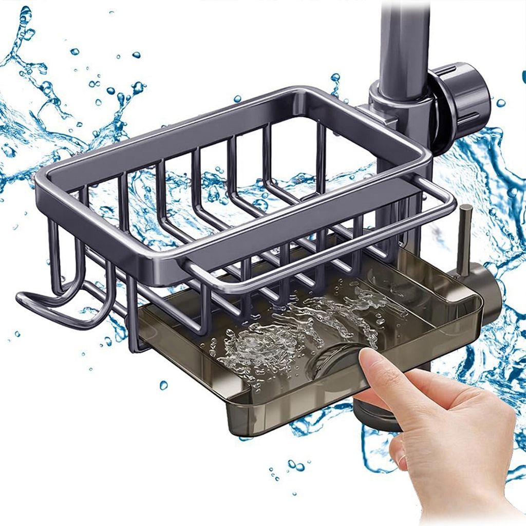 Küchenspüle Wasserhahn-Organizer – Schwammhalter Mit Abtropfschale, Aus Aluminium & ABS, Praktisch & Platzsparend