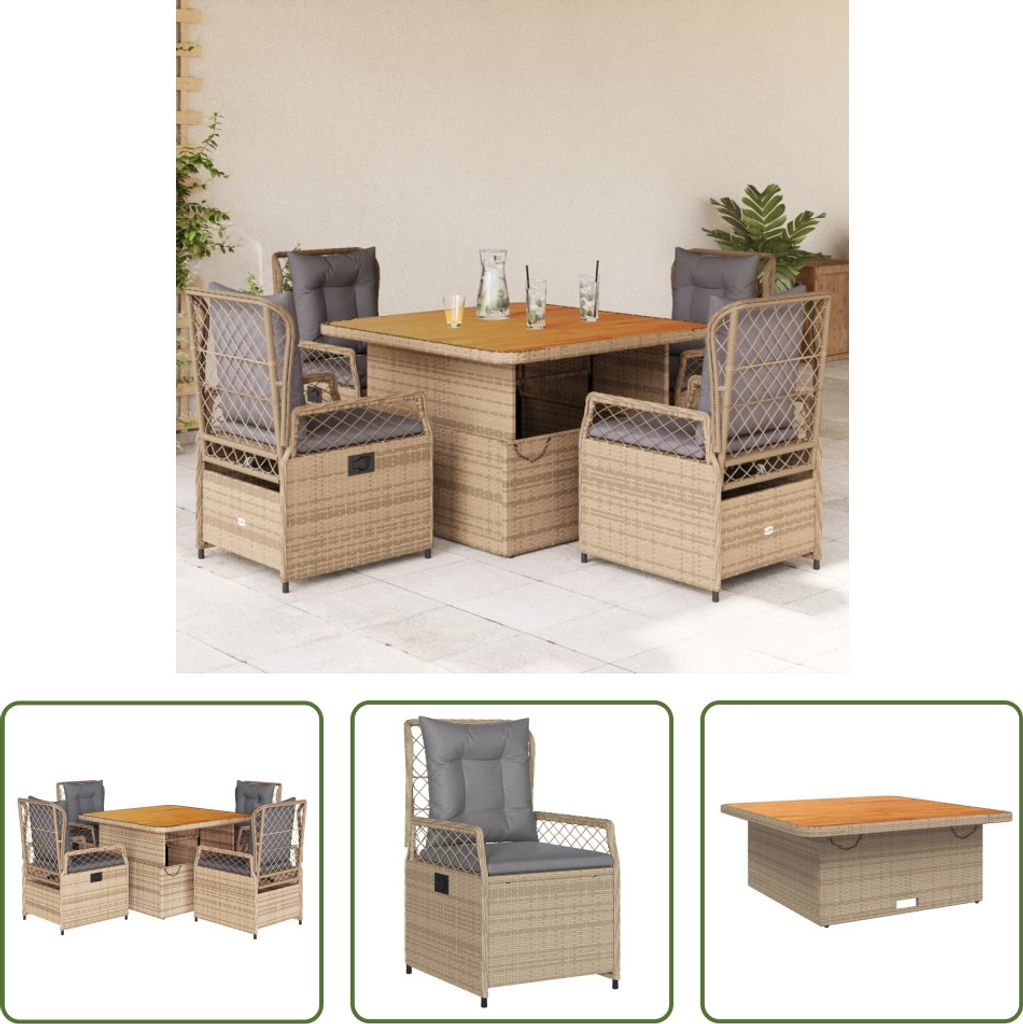 The Living Store 5-tlg. Garten-Essgruppe mit Kissen Beige Poly Rattan