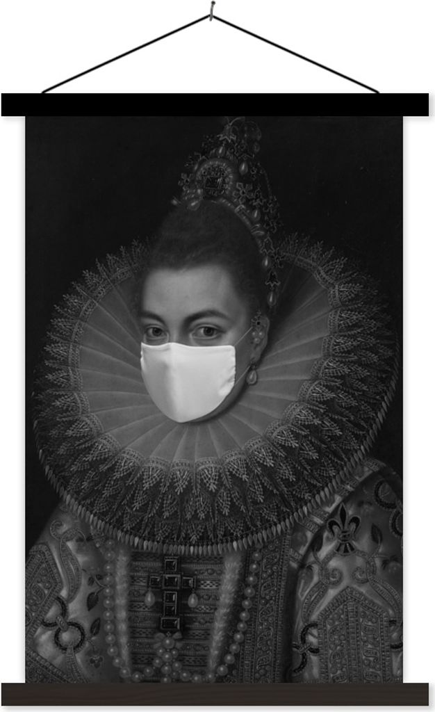 MuchoWow Textilposter Isabella Clara Eugenia mit einem Mundschutz - Gemälde von Frans Pourbus dem Jüngeren - schwarz-weiß 60x90 cm mit schwarz...
