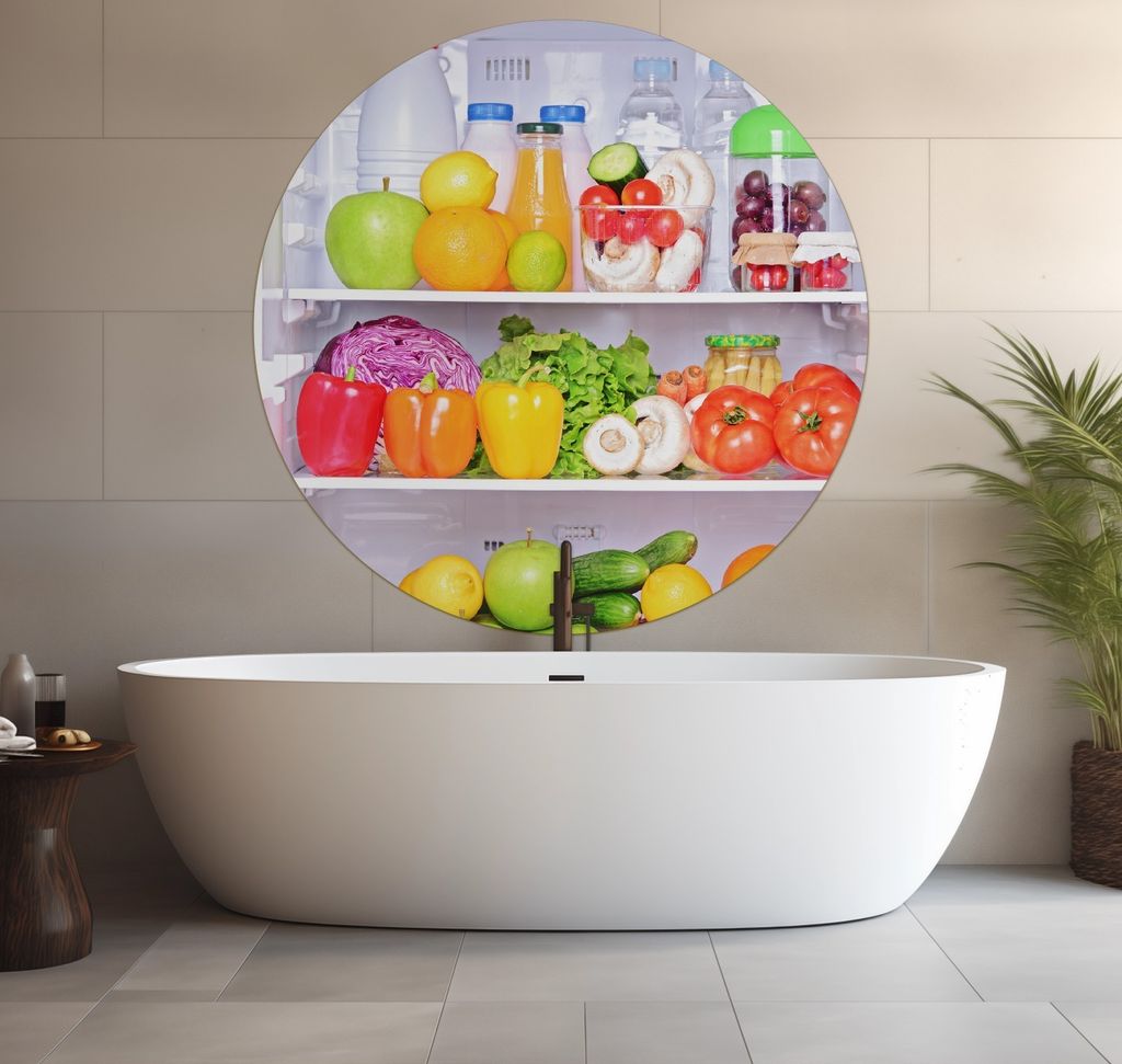 Wallario wasserfestes Poster selbstklebend 120 x 120 cm, Offener gefüllter Kühlschrank, Badezimmerposter Spritzschutz mit Hochglanzoberfläche in...