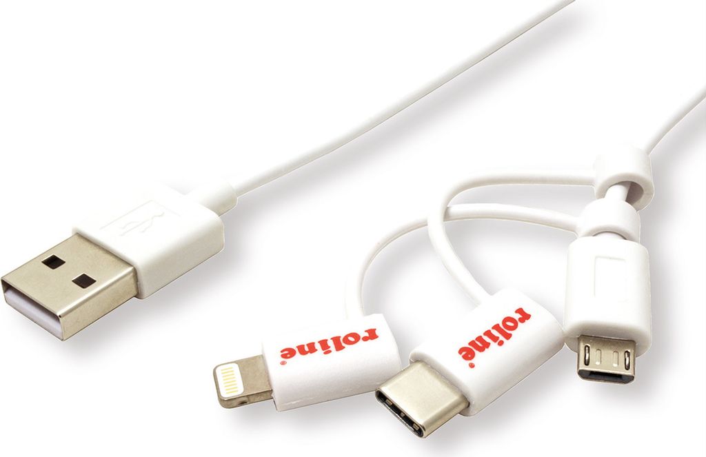 ROLINE USB 2.0 Sync- & Ladekabel Typ A - Typ C / 8-Pin / USB MicroB, weiß, 1 m