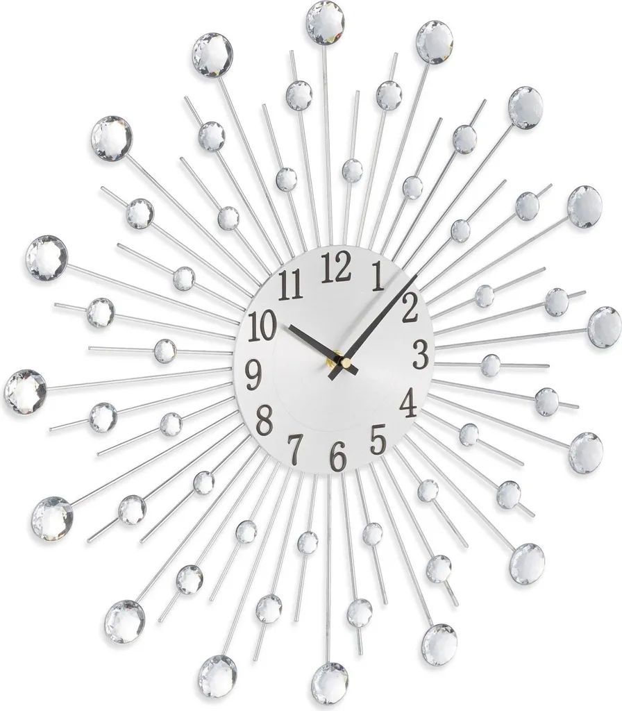 Horloge murale soleil argentée avec cristaux et grand cadran de 50 cm