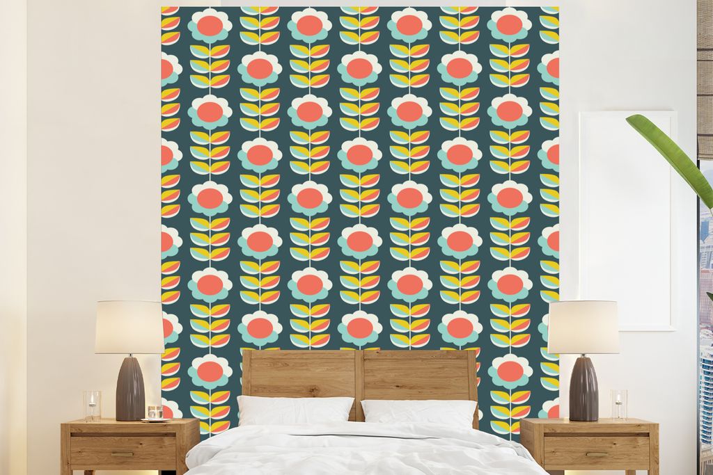 MuchoWow Fototapete für Wohnzimmer oder Schlafzimmer Wandtapete Vinyl Motivtapete Retro - Blumen - Skandinavisch - 225x280 cm - Wohnzimmer tapete