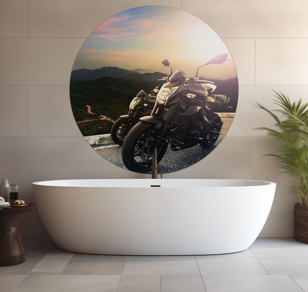 Wallario wasserfestes Poster selbstklebend 120 x 120 cm, Motorräder auf einem Berg im Sonnenschein, Badezimmerposter Spritzschutz mit Hochglanzobe...