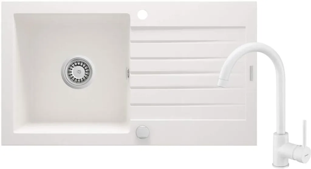 Évier de cuisine encastrable en granit mat avec robinet mitigeur blanc