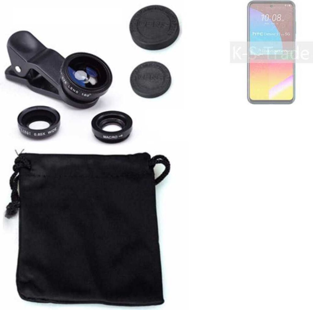 K-S-Trade Smartphone Kamera Linsen Set Kompatibel mit HTC Desire 21 Pro 3in1 Clip-On Kamera Adapter Macro Weitwinkel FishEye Fischauge Objektiv Linse