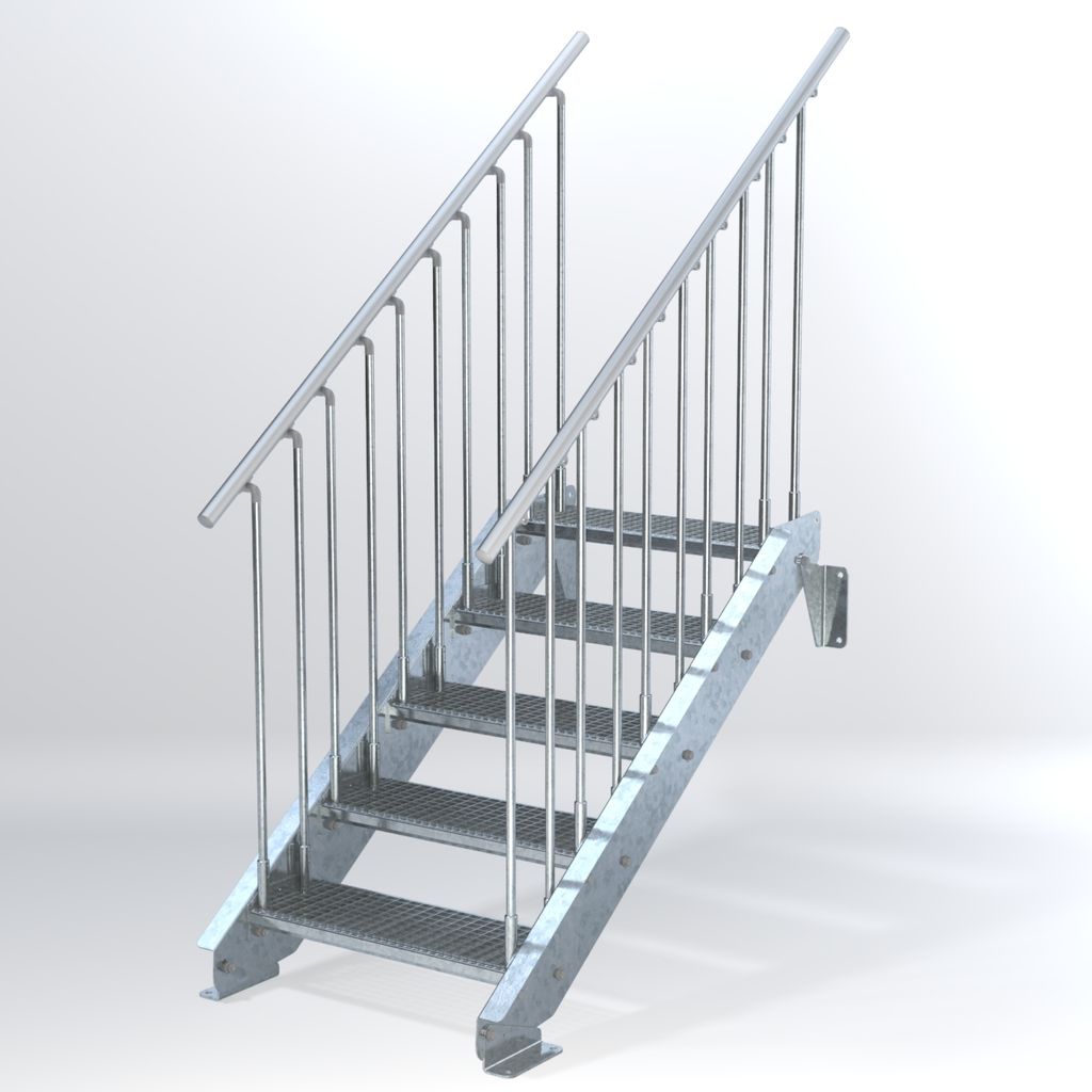 Stahltreppe 5 Stufen bis Höhe 100 cm, Laufbreite : 70 cm beidseitiges Geländer ST 3 (31 / 9 mm schmal)