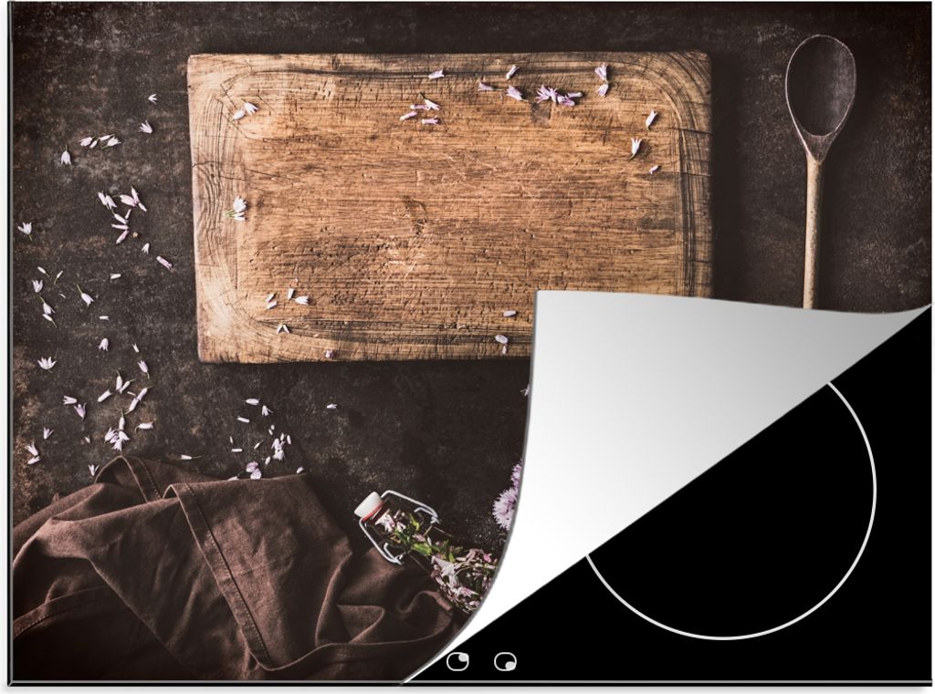 KitchenYeah Herdabdeckplatte Schneidebrett - Kräuter - Löffel - Küche - Rustikal - Mörser - Schnittlauch , 59x51cm, Küche Deko, Glaskeramikf...