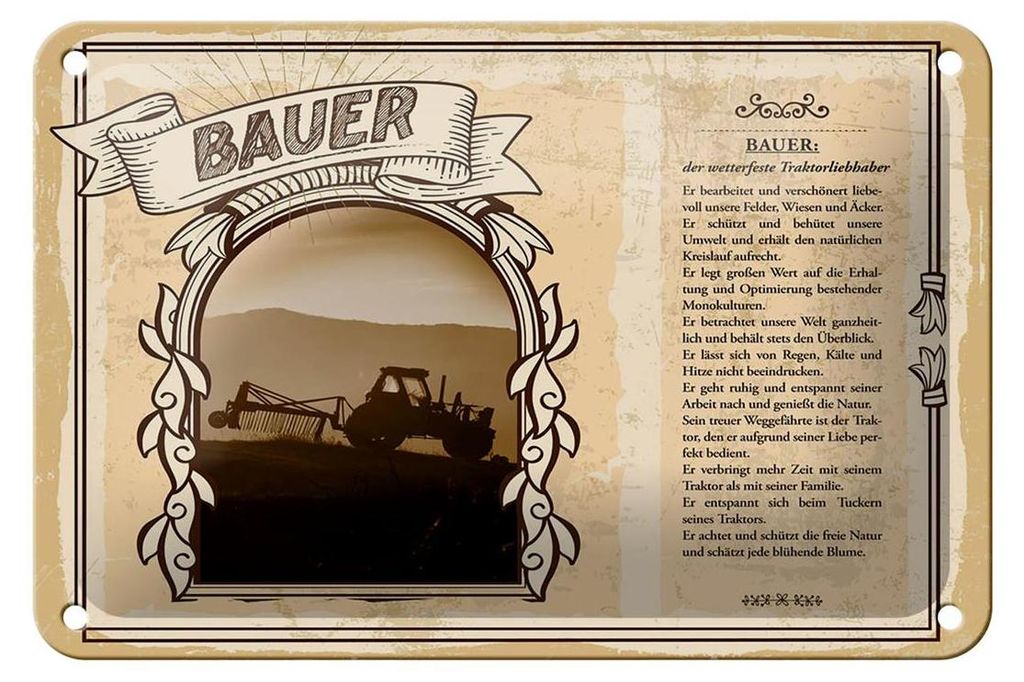 Blechschild Berufe 18x12cm Bauer wetterfest Traktorliebhaber Schild