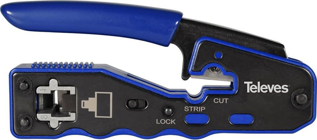 TELEVES Crimpzange für RJ45 Pass-Through- und Standard-Modularstecker mit automatischem Abschneiden