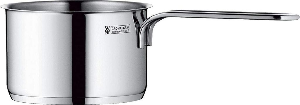 A close-up studio shot of a stainless steel saucepan with a single handle.