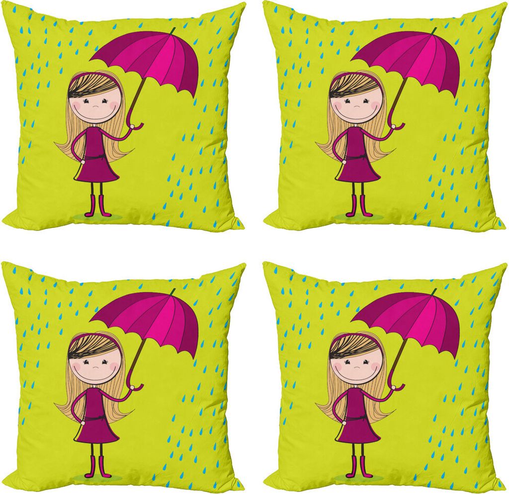 ABAKUHAUS Regen Kissenbezug Set (4 Stück), Kleines Mädchen unter Regentropfen, Moderner Doppelseitiger Digitaldruck, 50 cm x 50 cm, Gelb Grün Ma...