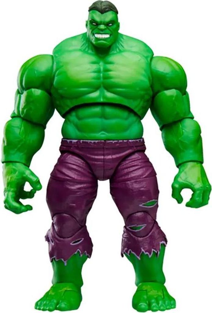 A full-body shot of a Hulk action figure against a white background.