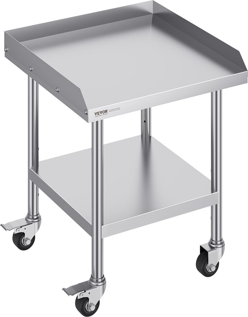 A stainless steel work table with wheels and two shelves, shown against a white background.