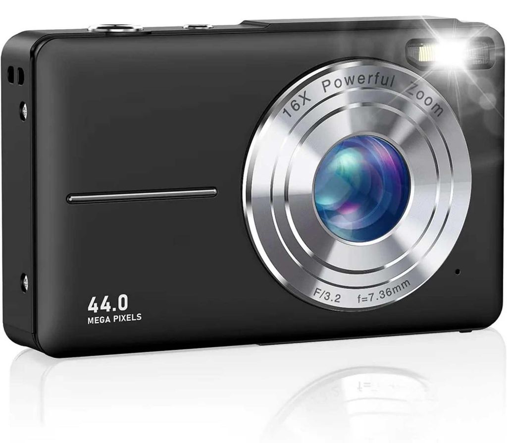 Zimilo Kinder Digitalkamera 44MP 1080P, 16x Zoom, 2,4 Zoll Display, Selfie Mini Kamera mit Akkus, Typ C, Tasche, Trageband, Autofokus, Schwarz